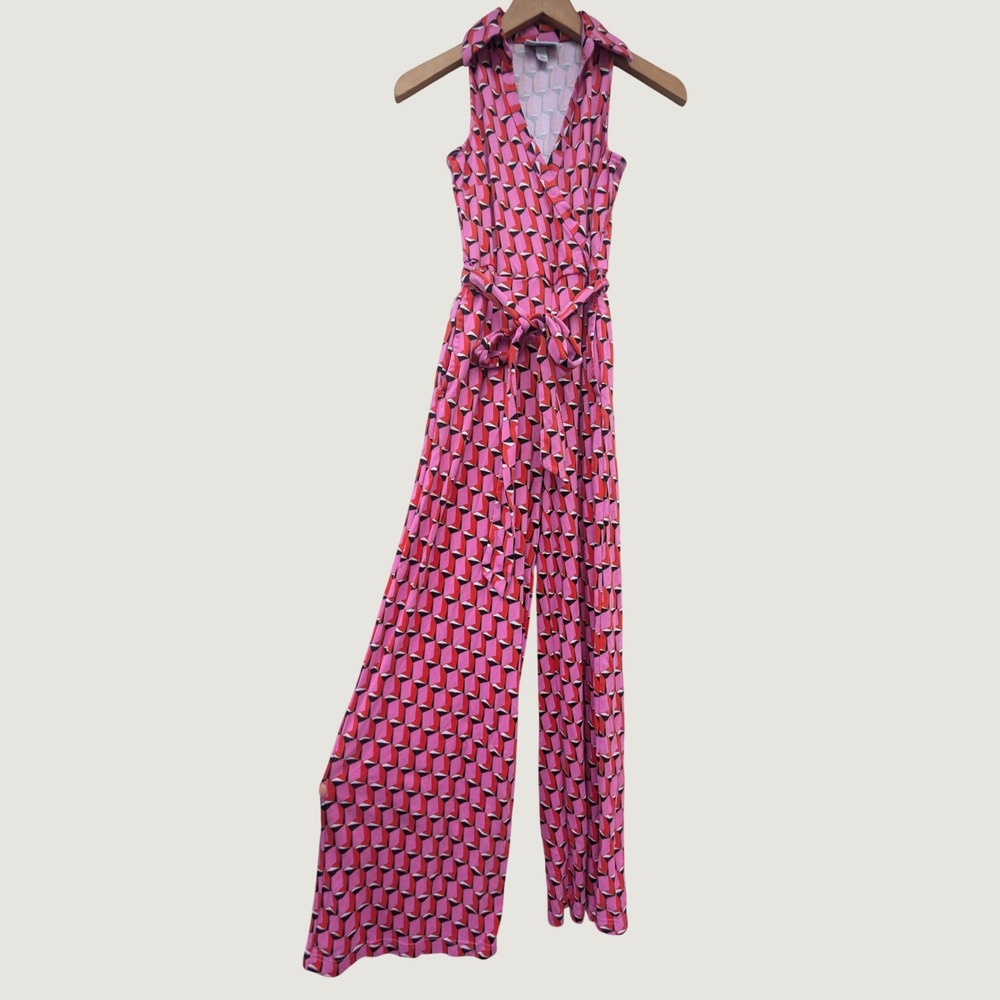 DVF For Target Mod 70s Collared Wrap Jumpsuit XS Pink Red Geometric Wide Leg